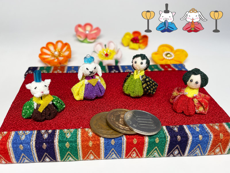 小銭よりも小さい、ミニサイズのつまみ雛（うさぴょんとねこさま）小銭よりも小さい、ミニサイズのつまみ雛